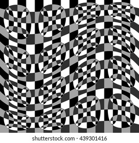 Geometric pattern with ripple, wavy distortion, warp effect. Abstract monochrome texture / background