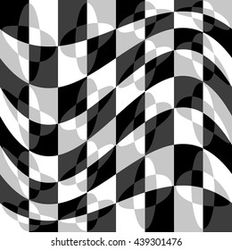Geometric pattern with ripple, wavy distortion, warp effect. Abstract monochrome texture / background