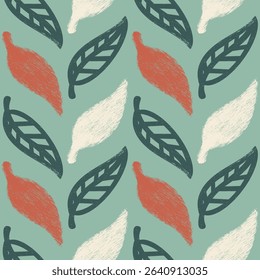 Geometric Pattern - Rough Leaf (Dark Green, Soft Green, Orange, Cream) - Repeating Vector Image; Easily Editable; Endless Design; Colorful lIlustration. Print for Gift Paper, Packaging, etc.