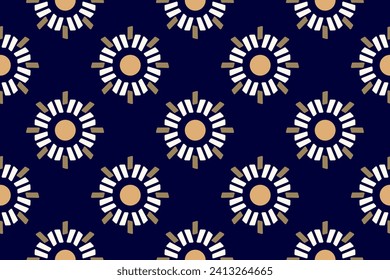 Geometric pattern round star shapes background abstract lines motif minimalist classic colorful ornament graphic fabric style. Casual repeating textile design template, blue, white, golden colors.