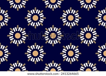 Geometric pattern round star shapes background abstract lines motif minimalist classic colorful ornament graphic fabric style. Casual repeating textile design template, blue, white, golden colors.