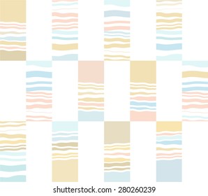 Geometric pattern, sea and sand.  Abstract seamless pattern in the form of rectangles of blue, yellow and pink wavy stripes. Symbolizes the sea, waves and sand. For printing and textile prints. 