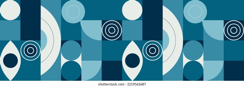 Patrón geométrico azul transparente con círculos, rectángulos, semicírculo y oval. Diseño de estilo para banners, libros, folletos, plantillas para portátiles. Para tela, ropa, papeles. Ilustración vectorial.