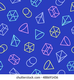 Geometric pattern seamless different color style consisting of line shapes on cyan background. For use on stickers, banners, cards. memphis style. Vector Illustration