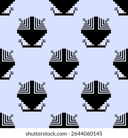 Geometric pattern seamless of pixel-style and black bold abstract on soft periwinkle background. Concept of tribal, digital design, motifs, retro aesthetics for textiles, paper print, modern backdrop.