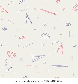 Geometric pattern. Set for draftsman, architect, mathematician, student. Compass, pencil, eraser, ruler, triangle, sharpener, protractor. Red and blue on a beige background.