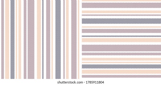 Geometric pattern set. Herringbone textured stripes in purple, soft orange, pink, and white for dress, shorts, wallpaper, or other modern spring and summer textile or paper print.