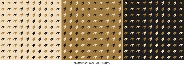 Geometric pattern set with houndstooth checks in black, gold brown, beige. Seamless vector dog tooth prints for scarf, jacket, coat, dres, skirt, blanket, duvet cover, other autumn winter designs.