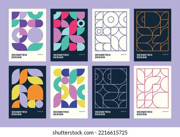 Geometric pattern set. Modern colorful seamless design for covers. Minimal vector illustrations with geometrical shapes.