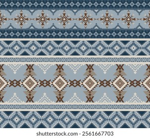 Geometric pattern in shades of blue tribal motif and ethnic . Ideal for textiles, wallpapers, or decorative arts, this pattern combines elegance with cultural richness in a harmonious color palette.