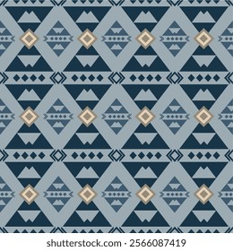 Geometric pattern in shades of blue tribal motif and ethnic . Ideal for textiles, wallpapers, or decorative arts, this pattern combines elegance with cultural richness in a harmonious color palette.