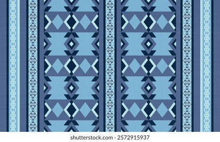 Geometric pattern in shades of blue tribal motif and ethnic . Ideal for textiles, wallpapers, or decorative arts, this pattern combines elegance with cultural richness in a harmonious color palette.