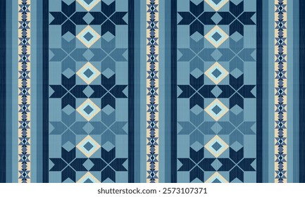 Geometric pattern in shades of blue tribal motif and ethnic . Ideal for textiles, wallpapers, or decorative arts, this pattern combines elegance with cultural richness in a harmonious color palette.