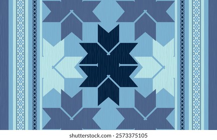 Geometric pattern in shades of blue tribal motif and ethnic . Ideal for textiles, wallpapers, or decorative arts, this pattern combines elegance with cultural richness in a harmonious color palette.