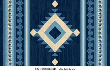 Geometric pattern in shades of blue tribal motif and ethnic . Ideal for textiles, wallpapers, or decorative arts, this pattern combines elegance with cultural richness in a harmonious color palette.