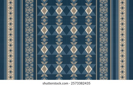Geometric pattern in shades of blue tribal motif and ethnic . Ideal for textiles, wallpapers, or decorative arts, this pattern combines elegance with cultural richness in a harmonious color palette.