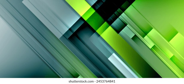 A geometric pattern in shades of green and gray, inspired by terrestrial plants and buildings. Symmetrical rectangles with an electric blue font add a modern touch to the design