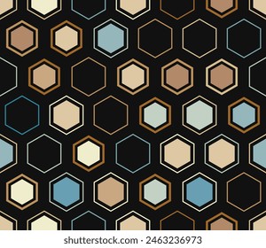 Geometric pattern. Geometric shapes of varied style and color. Large honeycomb cells. Tileable pattern. Seamless background. Charming vector illustration.