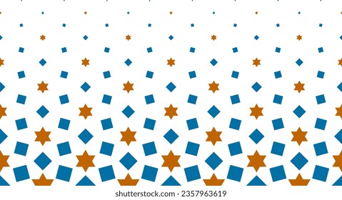 Geometric pattern with short fadeout effect. Seamless in one direction. Color stars and squares composition. Scale method.