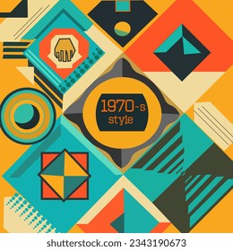 Geometric pattern in SHOTLISTretro style in traditional retro colors orange yellow dark gray muted green Lettering retro font 1970-c style Vector