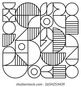 O padrão geométrico mostra um complexo de círculos, linhas, quadrados e arcos, criando um design intrincado e abstrato com elementos sólidos e listras. Projeto de arte vetorial.