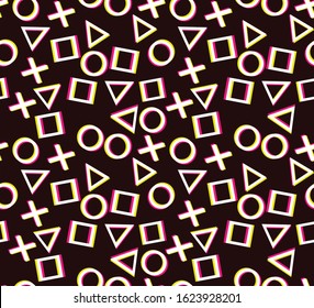 
Geometric pattern of signs on a dark background. Texture. Print. Vector graphics.