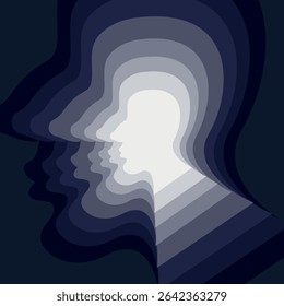 Geometric pattern silhouette, human profile, abstraction. Shades of blue from light to dark. Geometric monochrome vector pattern.