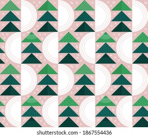 Geometric pattern with simple green triangular fir-trees with different textures and snow. Pink background. Modern christmas ornament. Pastel colored. New year spirit background. Seasonal forest