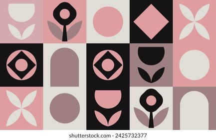 Flor abstracta de las formas geométricas simples del patrón geométrico en los colores rojos y rosas. Patrón sin costura para el embalaje de estampados en tela, banners, volantes. tarjetas. Elementos de diseño de dibujo vectorial.