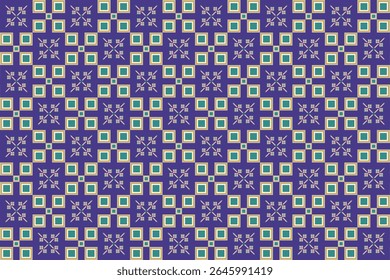 A geometric pattern with small floral motifs on a purple background, featuring green squares and golden-yellow outlined squares, creating an elegant and intricate design.