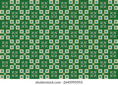 A geometric pattern with small floral motifs on a dark green background, featuring bluish-green squares and golden-outlined squares, creating an elegant and intricate design.