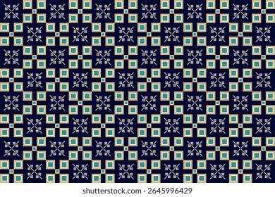A geometric pattern with small floral motifs on a dark blue background, featuring turquoise squares and golden-outlined squares, creating an elegant and intricate design.