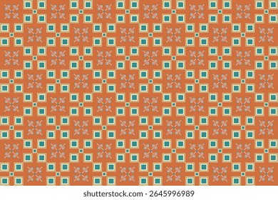 A geometric pattern with small floral motifs on a brick-orange background, featuring turquoise squares and cream-outlined squares, creating an elegant and intricate design.