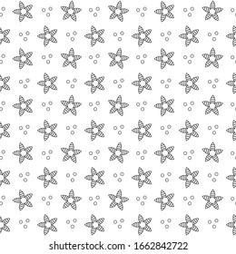 Geometric pattern of small flowers and other decorative elements, black outline, white background, monochrome, vector illustration