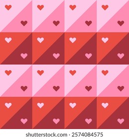 Geometric pattern with small hearts in retro style. Seamless vector background with modular triangles and little hearts in pink, orange, and red shades