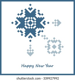 Geometric pattern Snowflake (blue embroidery). Postcard Happy New Year