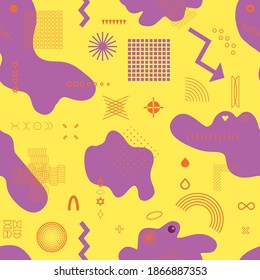 Geometrisches Muster mit Flecken, Formen und Linien, trendiger abstrakter Hintergrund. Vektorgrafik für Tapeten, Hintergrund, Umschlagpapier, Druck auf Babybekleidung und Textilien.