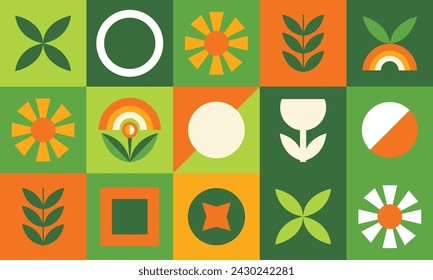 Geometric pattern spring colors leaves flowers nature. Seamless pattern for banner poster splash background print on fabric gift paper. Colored pattern spring colors. Vector file design elements.