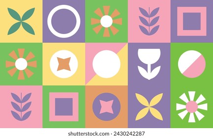 Geometric pattern spring colors leaves flowers nature. Seamless pattern for banner poster splash background print on fabric gift paper. Colored pattern spring colors. Vector file design elements.