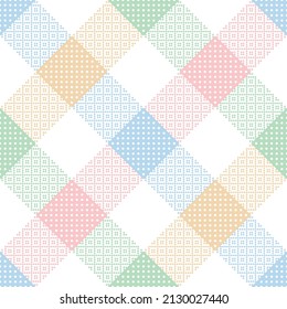 Geometric pattern  for spring summer in pastel colorful blue, pink, green, yellow, white. Seamless abstract buffalo check tartan plaid vector with polka dots for Easter tablecloth or picnic blanket.