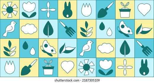 Geometric pattern. Spring or summer. Seasonal gardening, flowers, tools. Vector poster made of squares