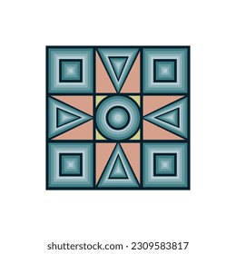 Geometric pattern in a square. Abstract pattern of blue orange and yellow colors. A pattern of squares of circles and triangles, for decoration. Vector illustration