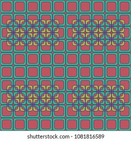 A geometric pattern of squares.Red background, multicolored accents, green grid.Abstract composition.Design.Template to use.Minimalism.Decorative stripes.Design.Pattern for decoration.Patterned tiles.