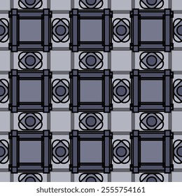 Geometric pattern with squares and circles, black outlines, gray and blue tones, symmetrical design, modern and abstract style, suitable for backgrounds, wallpapers, textiles, and digital art.