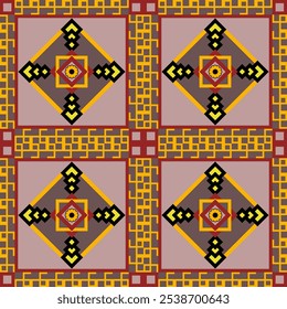 A geometric pattern of squares and triangles with a yellow and red color scheme. The abstract seamless design. Scene is one of creativity for scarf, fabric, cloth, carpet, dress, or batik.