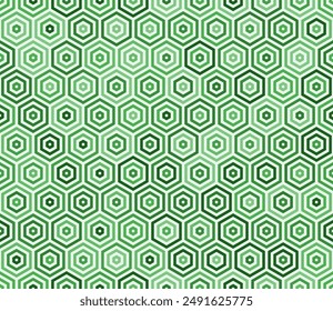 Geometric pattern. Stacked hexagon bold mosaic cell. Green color tones. Hexagonal shapes. Tileable pattern. Seamless vector illustration.