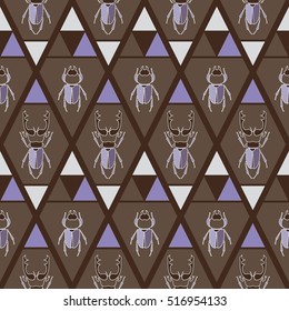 Geometric pattern with stag beetle. Four-color, seamless, vector. Gray, brown.