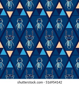Geometric pattern with stag beetle. Four-color, seamless, vector. Blue, yellow.
