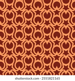 Geometrisches Muster von Sternen und Kreisen. Retro geometrisches Muster orange und beige. Bereit für Wiederholung und Farbe. Perfekt zum Bedrucken von luftigen Stoffen und verschiedenen Oberflächen. Retro-Design. Gesamter Vektor