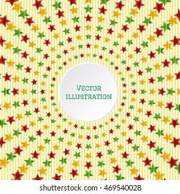 Geometric pattern of stars, multicolored stars in gradient fill. Round field to insert text. Banner, flyer, advertising, card, invitation
